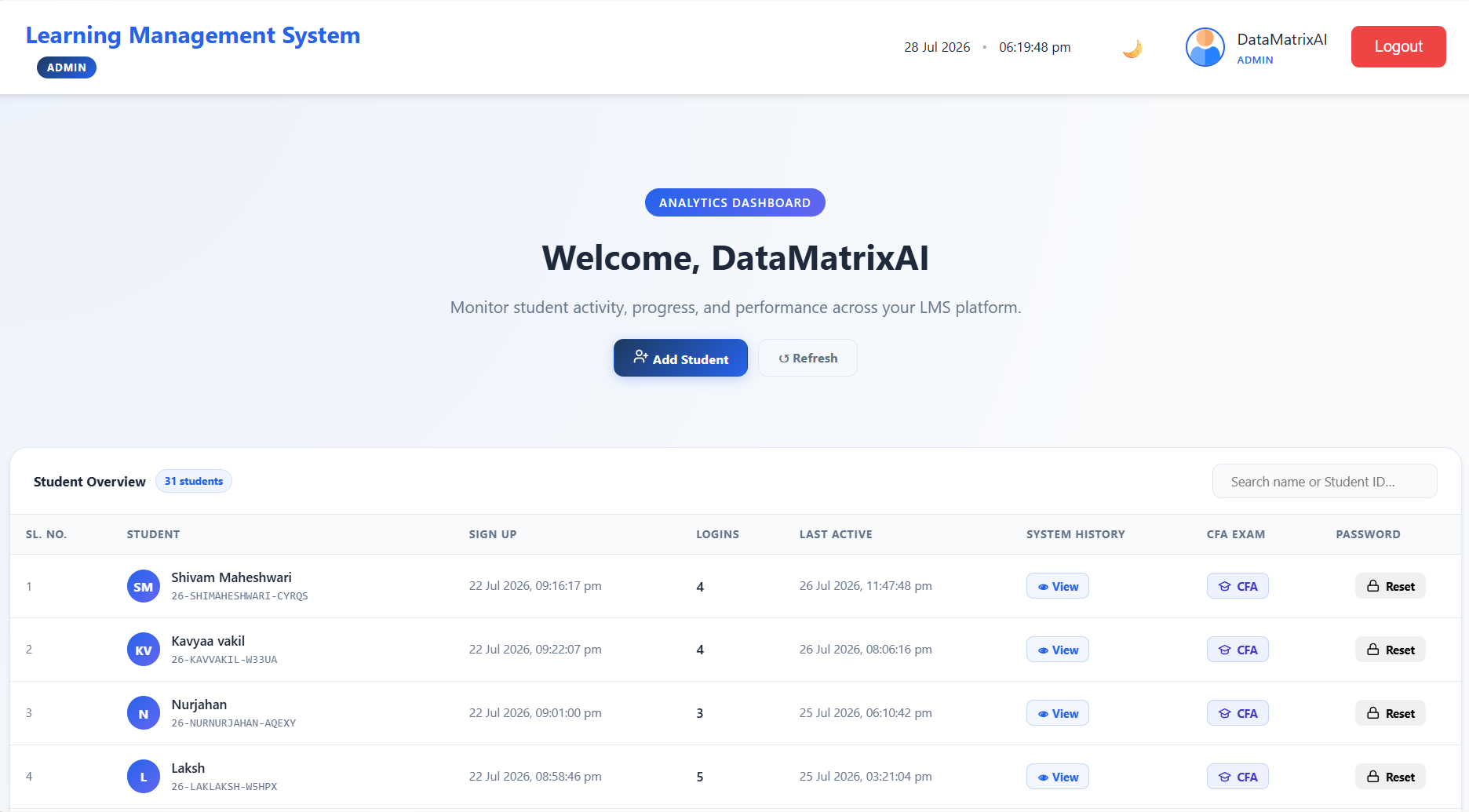 DataMatrixAI LMS Analytics Admin Dashboard